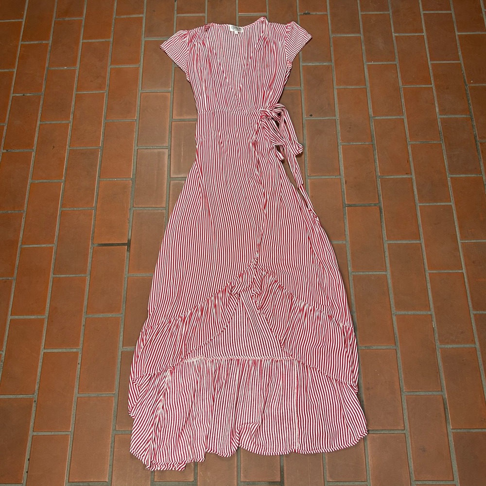 XIX Palms Wrap Maxi Dress Red White Stripe Ruffle High Low Boho Y2k Size 1